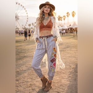 Desigual Boho Embroidered Patch Striped Jogger Pants Size 30 Festival Art Pants